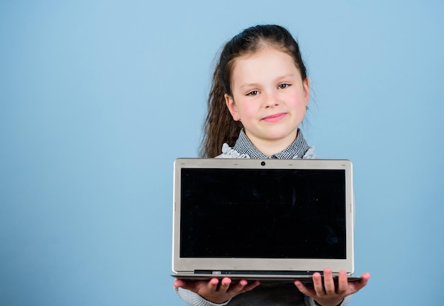 Study programming Girl with laptop computer Little child using pc Life online Surfing internet Develop own blog Personal blog Social networks and blog Information source Blogging concept