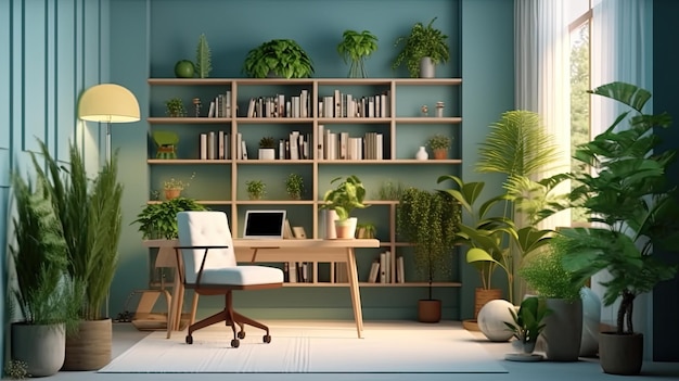 study room interior design with computers bookcase chairs and tables and armchairs minimalist styl