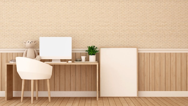 Study room or workplace and brick wall decorate in bedroom