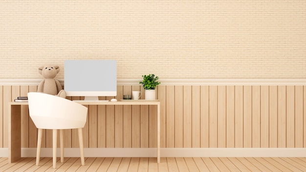 Study room or workplace and wood wall decorate in bedroom