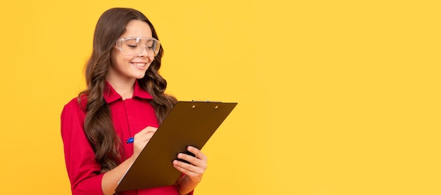 Study at school sight check teen girl in protective glasses child wear eyeglasses Child builder