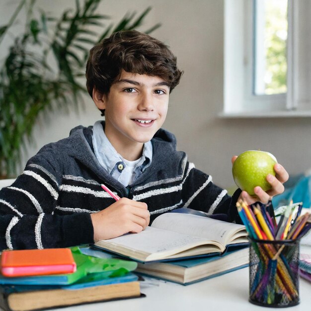 study table for teenager student with books and an apple remote education home preparation