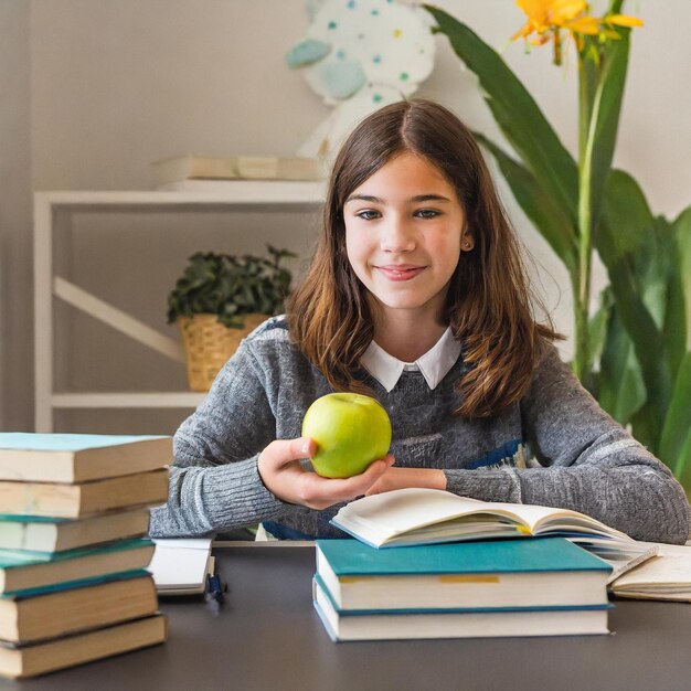 study table for teenager student with books and an apple remote education home preparation