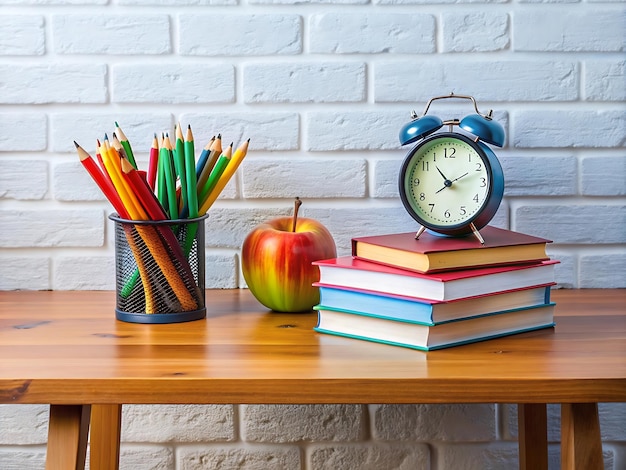 Photo study table with school books and clock back to school concept