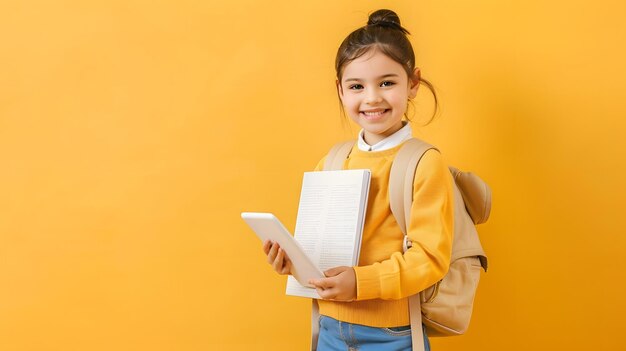 Study And Technologies Smiling Little Schoolgirl Holding Paper Book And Digital Tabl Generative AI