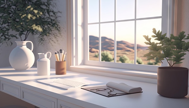 Study white table with book and stationeries on the table garden view outside the window Generative AI