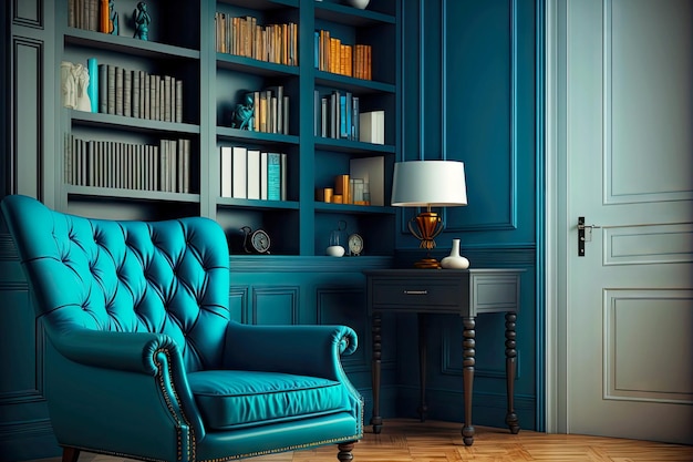 Study with bookcase and armchair in home interior blue