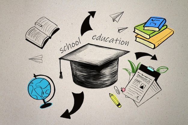 Studying and education concept with hand drawn black mortarboard hat surrounded by books globe pencils and notes on abstract light background