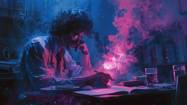 Studying late at night with colorful smoke in a dim room