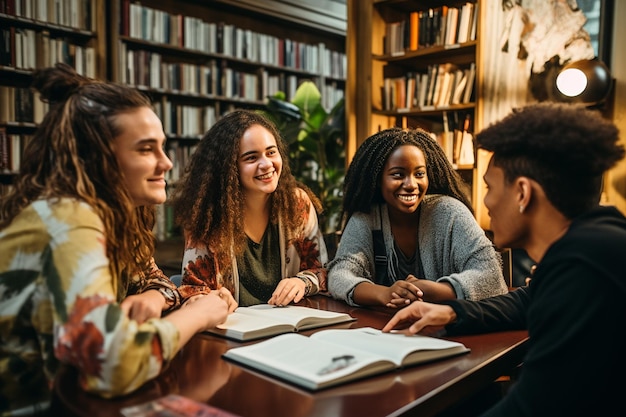 Photo studying and talking young and diverse group of students generative ai