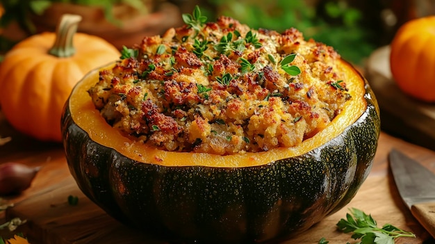 Stuffed acorn squash baked to a golden brown filled with a savory stuffing natural kitchen light