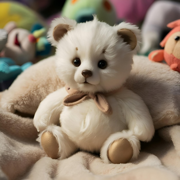 a stuffed animal that has a brown bow on its neck