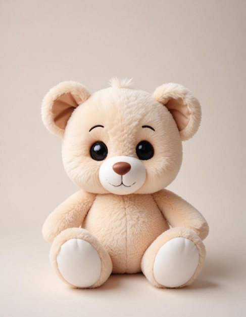 a stuffed animal with a black eye and a white button on the front