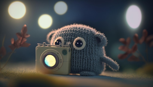 A stuffed animal with a camera that says'camera'on it