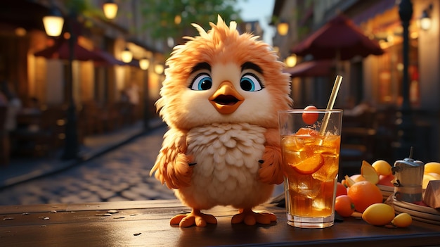 a stuffed animal with a drink and a straw in front of it