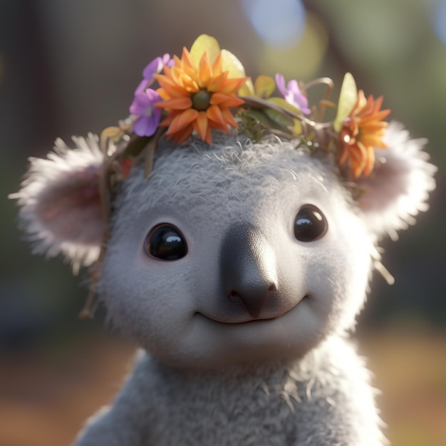 A stuffed animal with a flower crown on its head