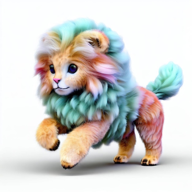 A stuffed animal with a fluffy mane and a blue and green mane.