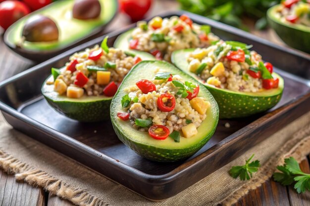 Photo stuffed avocado on tray