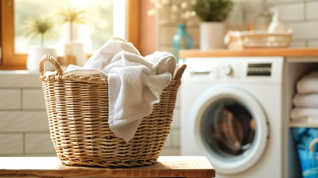 A stuffed basket of towels by the washing machine