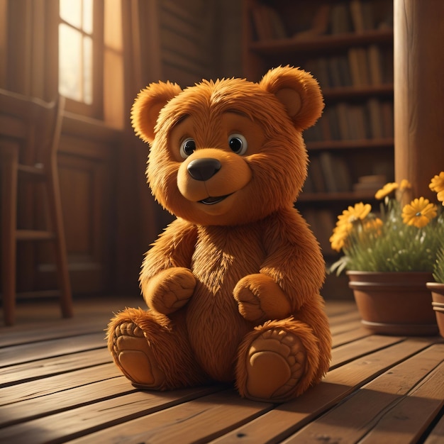 A stuffed bear sits on a wooden floor in front of a bookshelf with a vase of flowers.