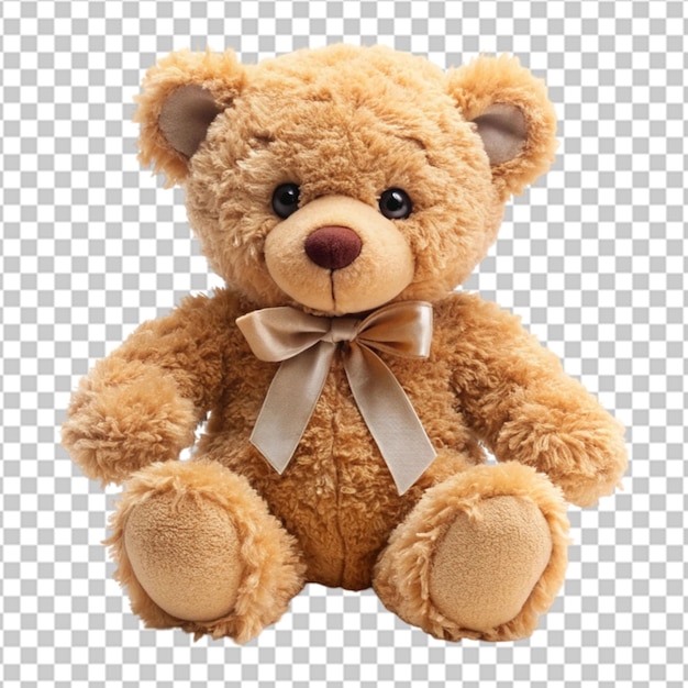 a stuffed bear with a bow on its head sits on a transparent background