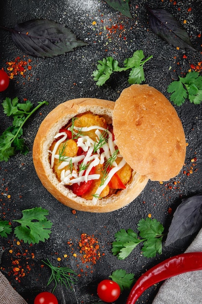 Stuffed bun with vegetables stuffed with chicken beef and herbs on a dark stone table Fast food and delivery restaurant concept Covered bun