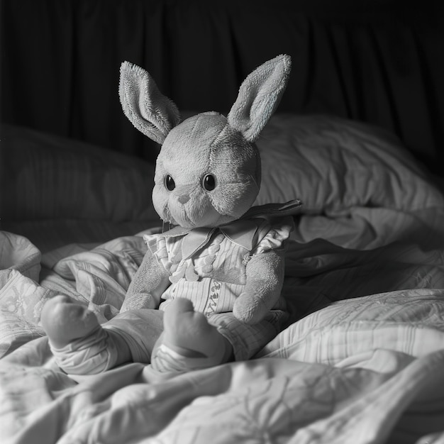 a stuffed bunny rabbit is on a bed with a blanket