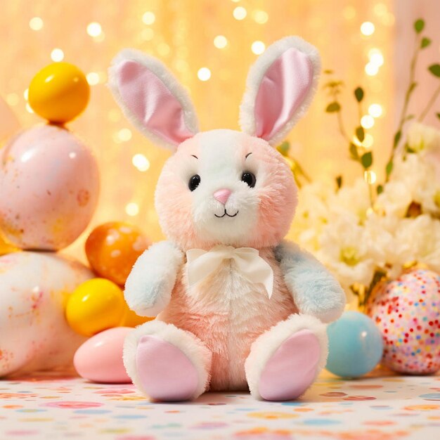 Photo a stuffed bunny sits next to a pile of easter eggs