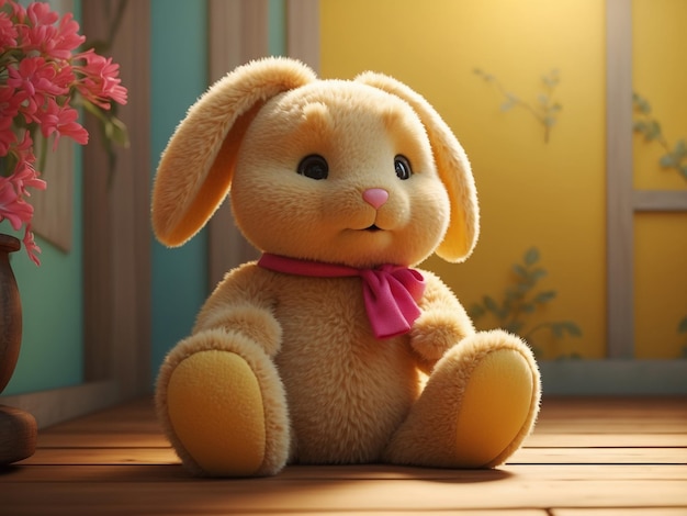 a stuffed bunny with a pink bow sits on a wooden table