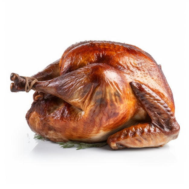 Stuffed cooked thanksgiving turkey on white background