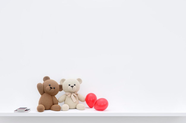 Stuffed cute teddy bears on a white cabinet with red balloons 3d rendered illustration