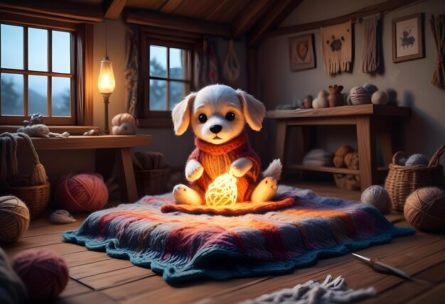 Photo a stuffed dog is sitting on a rug with a light on it