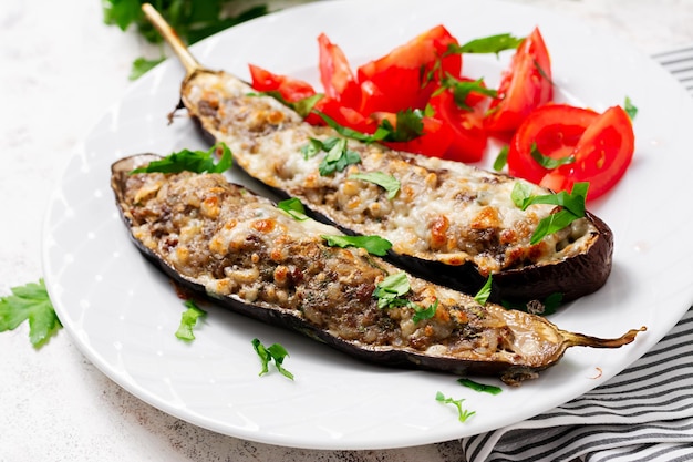 Stuffed eggplant with beef meat vegetable and cheese