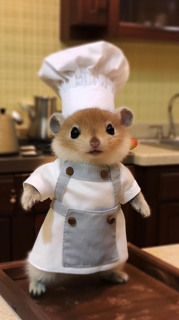 A stuffed hamster dressed in a chef's hat.