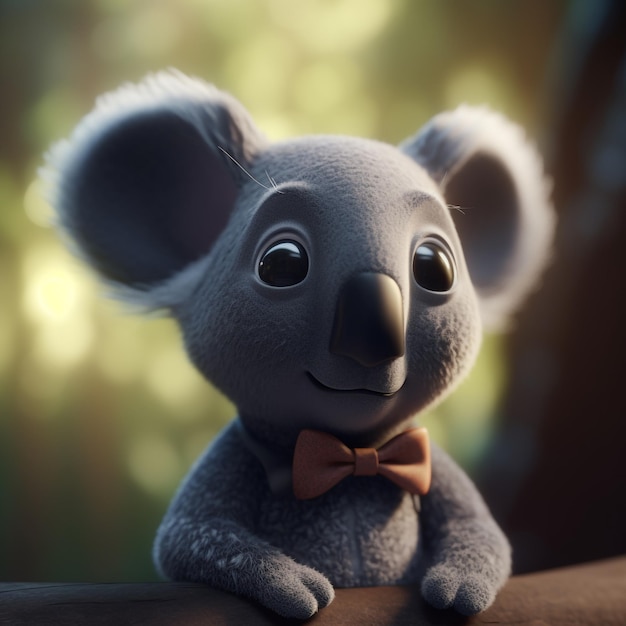 A stuffed koala with a bow tie is on a branch.