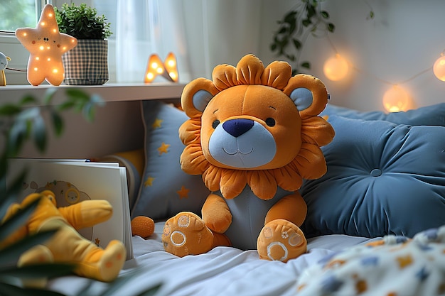 a stuffed lion is on a bed next to a laptop