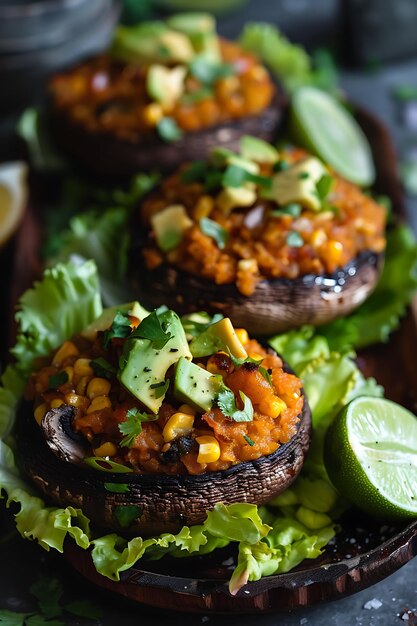 Photo stuffed mushrooms with avocado corn and cilantro on rustic wooden plate