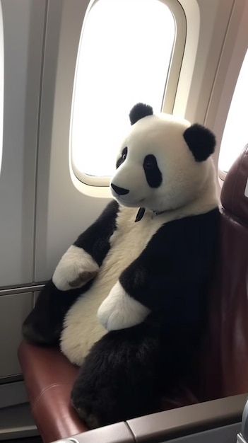 A stuffed panda bear sits on an airplane seat.