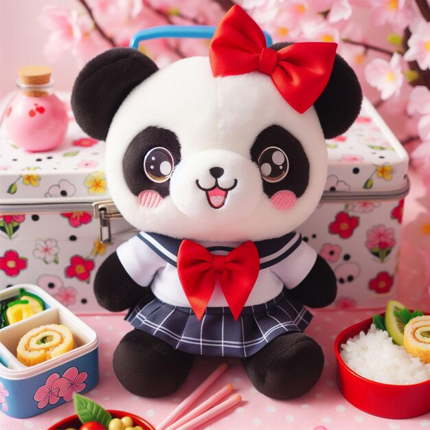 Photo a stuffed panda bear with a bow and a cup of vanilla ice cream