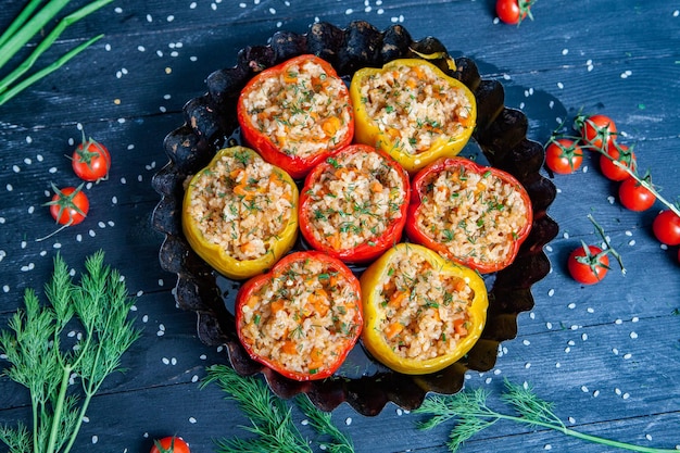 Stuffed pepper or stewed pepper with rice and minced meat.