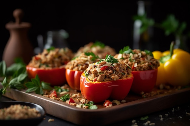 Stuffed peppers on a tray with a bowl of lemons in the background