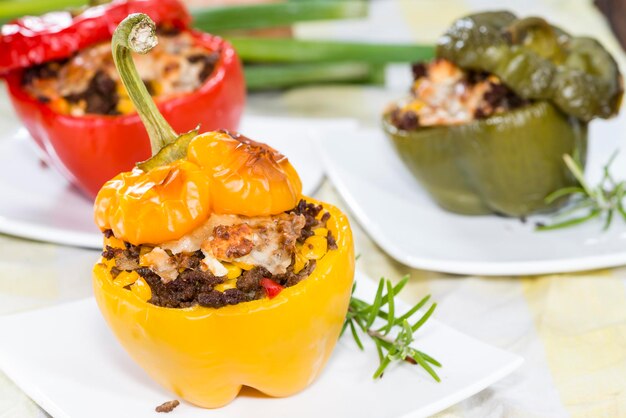 Stuffed Peppers with Meat Herbs and Cheese