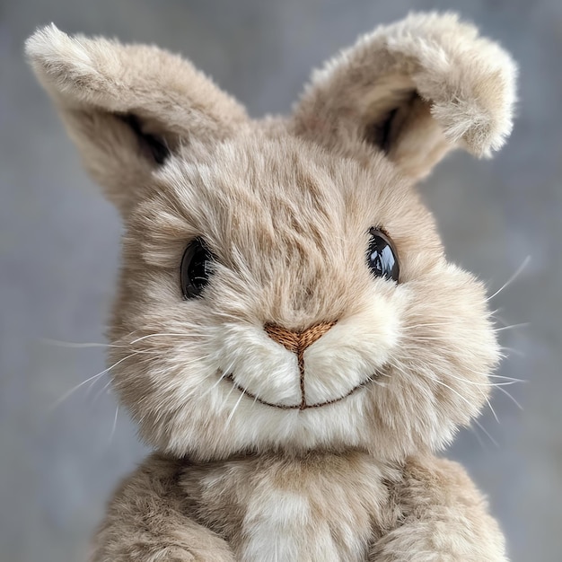 A stuffed rabbit with a big nose and a big black eye