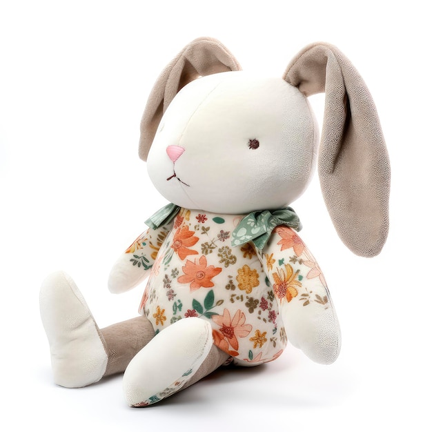 A stuffed rabbit with a floral print on it