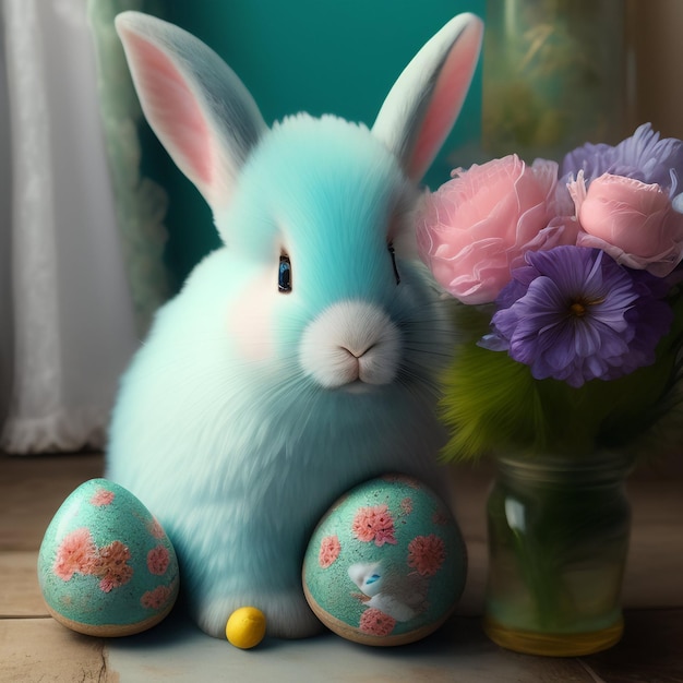 A stuffed rabbit with a flowered vase next to it