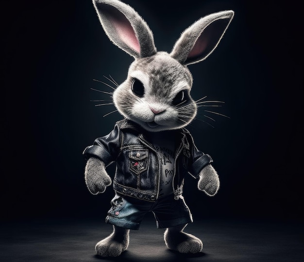 A stuffed rabbit with a leather jacket and a shirt that says'rabbit '