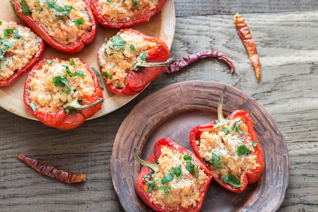 Stuffed red bell peppers with white rice and cheese