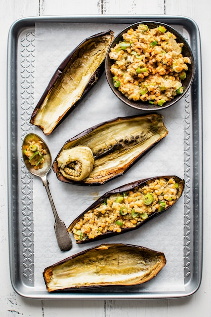 Stuffed roasted eggplant boats with lentils