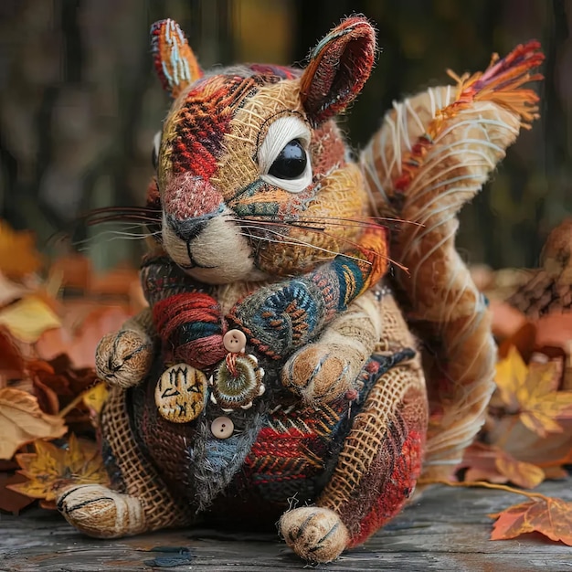 A stuffed squirrel sitting on top of a pile of leaves