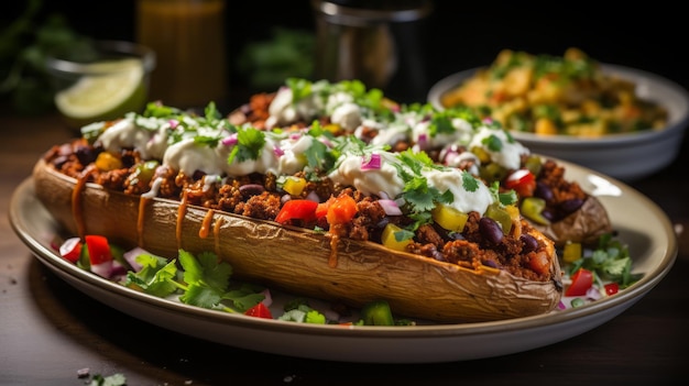 Stuffed sweet potato Mexican style the dish is on a plate on a white table